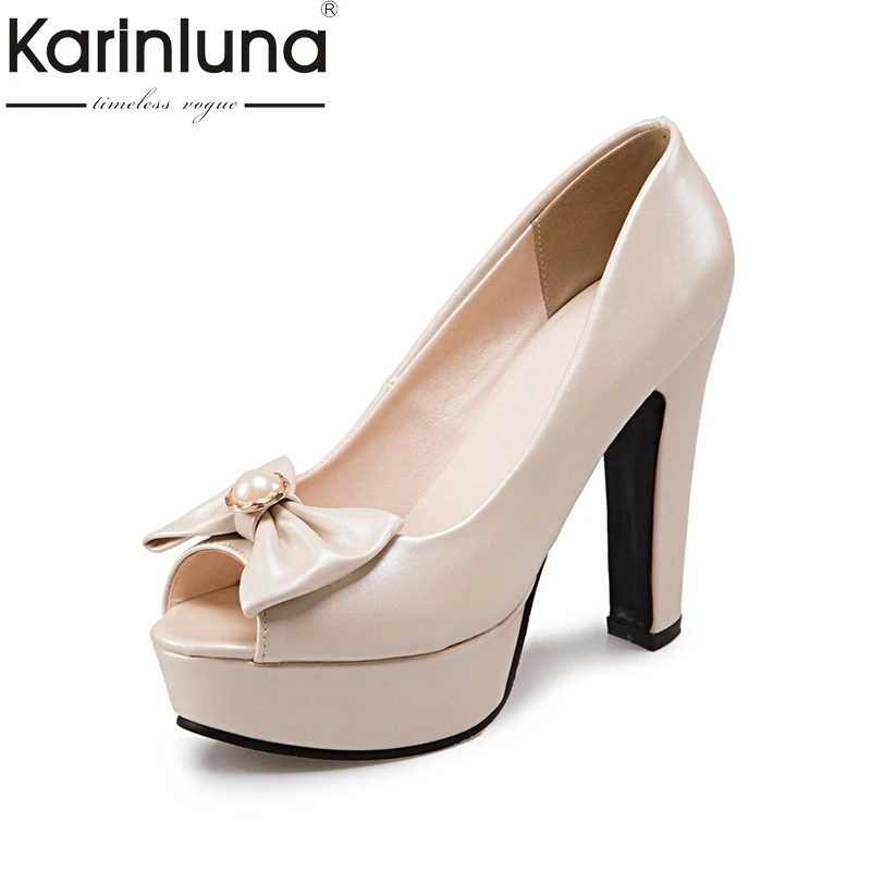 

KarinLuna New Plus Size 34-50 Customization Peep Toe Sweet Bow Summer Pumps Shoes Women High Heels Platform Party Shoes
