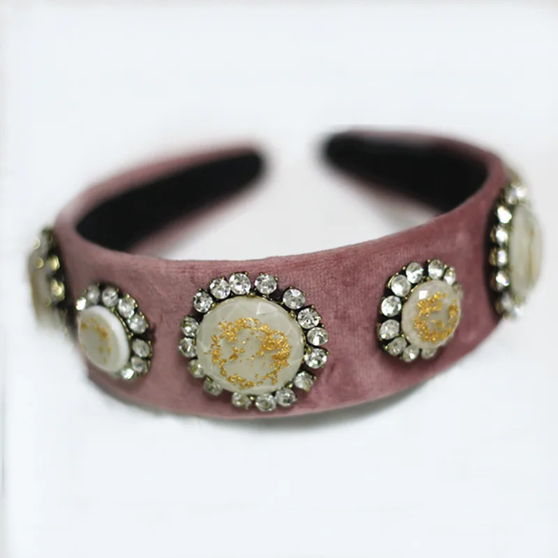 

Hot Baroque Byzantine Tiara Crown Crystal Wide Headband Flower Pink Velvet Headdress Wedding Hair Accessories Hair Jewelry Gift