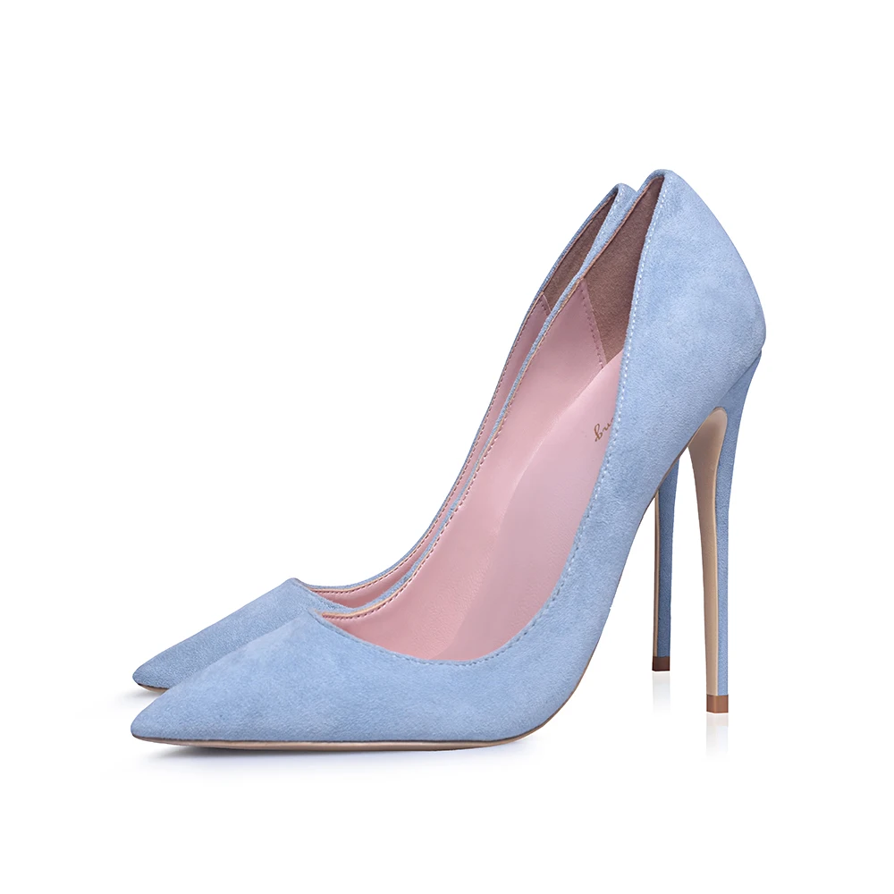 GENSHUO/модельные туфли-лодочки из искусственной замши с острым носком на шпильке; туфли на высоком каблуке-шпильке без застежки; обувь для торжеств; Цвет фиолетовый, синий, коричневый - Цвет: Light Blue