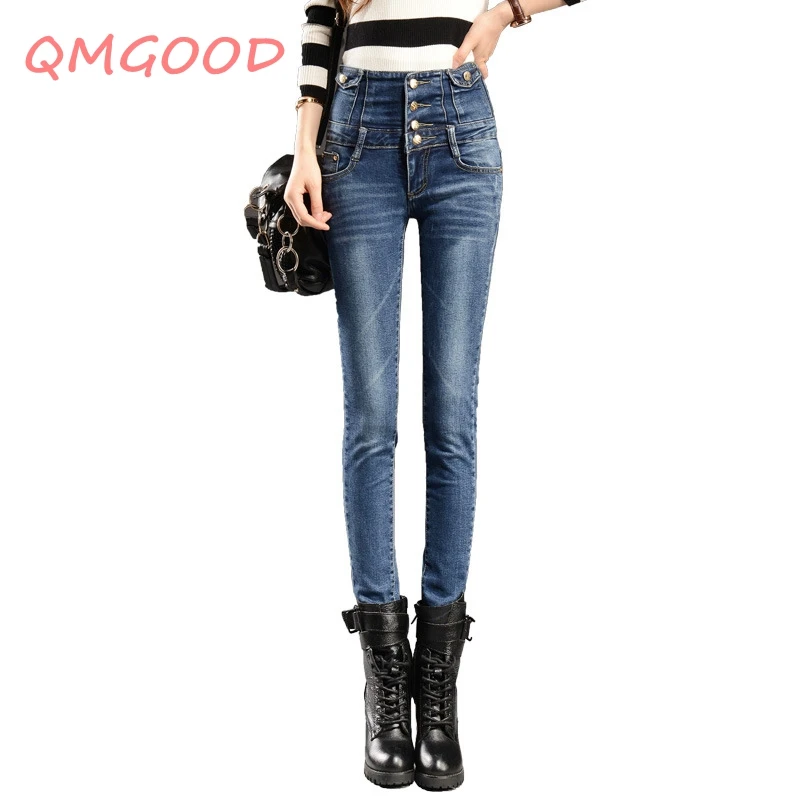 

QMGOOD Europe and United States Women with High Waist Denim Pants Full Length Button Elasticity Drawstring Skinny Jeans Best