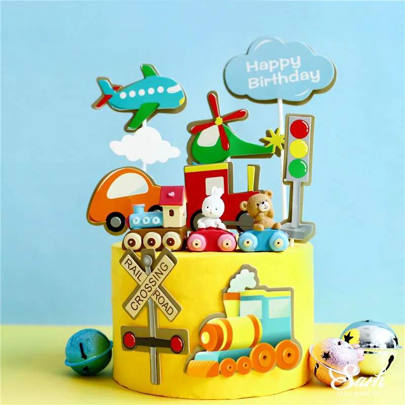 Поезд, самолет, дорожный знак с днем рождения, Медведь, Кролик, поезд, украшение для детского дня рождения, вечерние принадлежности для выпечки, прекрасные подарки