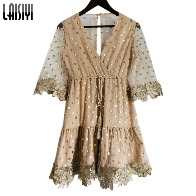 

LAISIYI Summer Dress 2019 Polka Dots V-neck Sexy Gold Bohemian Beach Short Dress Lacing Casual Sundresses Elegant ASDR21065