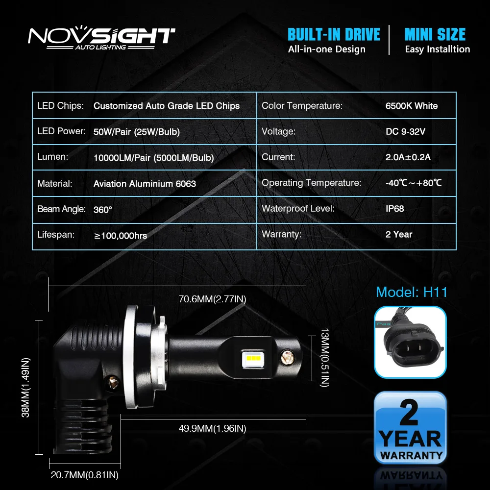 1:1 дизайн NOVSIGHT новейшие технологии автомобилей головной светильник лампы H4 светодиодный H7 H11 H8 H9 HB3 9005 HB4 9006 50 Вт 10000LM 6500 к туман светильник