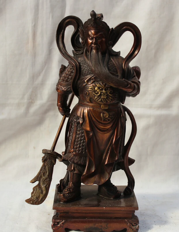

S1650 10" Chinese Fengshui Bronze Dragon Guan Gong Guan Yu Warrior God & Sword Statue D0318