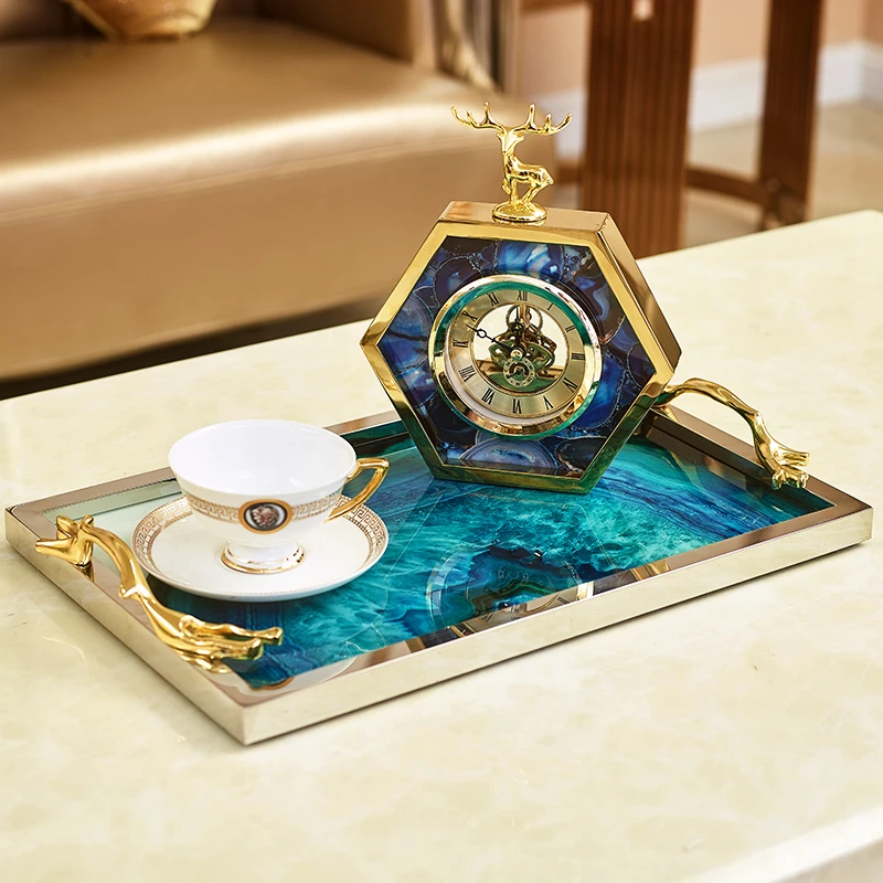 Ректанж агатовый поднос роскошный ювелирный поднос украшение дома тарелки с золотой рамкой ручка