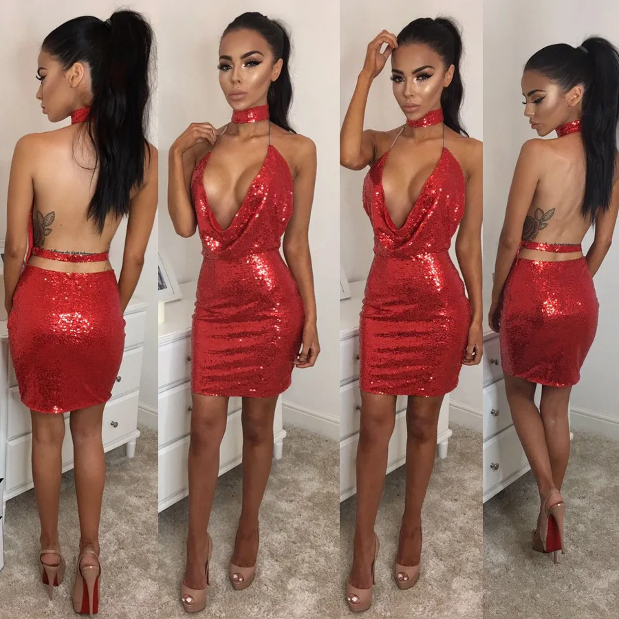 2017 женщины красный sexy выдалбливают холтер блестки bodycon bangage dress с плеча спинки