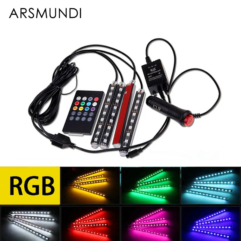 

4Pcs 9 Led car styling Remote Control Car Interior RGB LED Strip Atmosphere Lamp Foot Decorative Light Lamp Multi Color Music