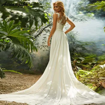 

New Wedding Dresses Sleevless Appliqued with Lace O-Neck Wedding Gown Chiffon A-Line Custom vestido de noiva