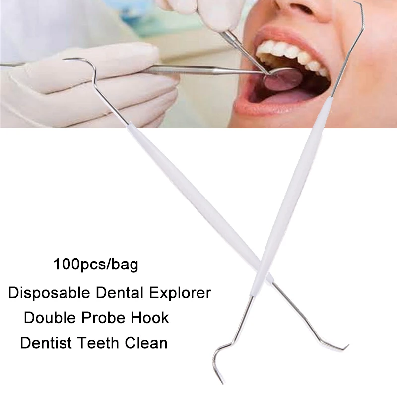 Goede 100 stuks Wegwerp Dental Explorers Gesteriliseerd eenmalige Tijdelijke Dubbele Uiteinden Probe Haak Pick Rvs Dental Instrument
