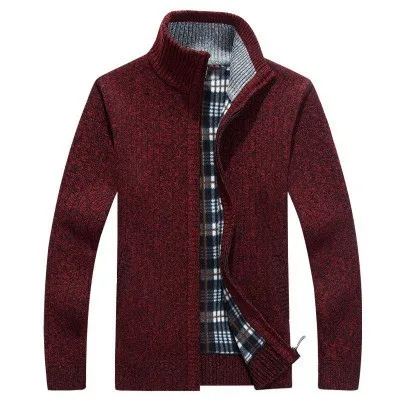 Зимний осенний мужской толстый свитер, мужской однотонный теплый кардиган со стоячим воротником, мужской свитер размера плюс M-3XL - Цвет: wine red