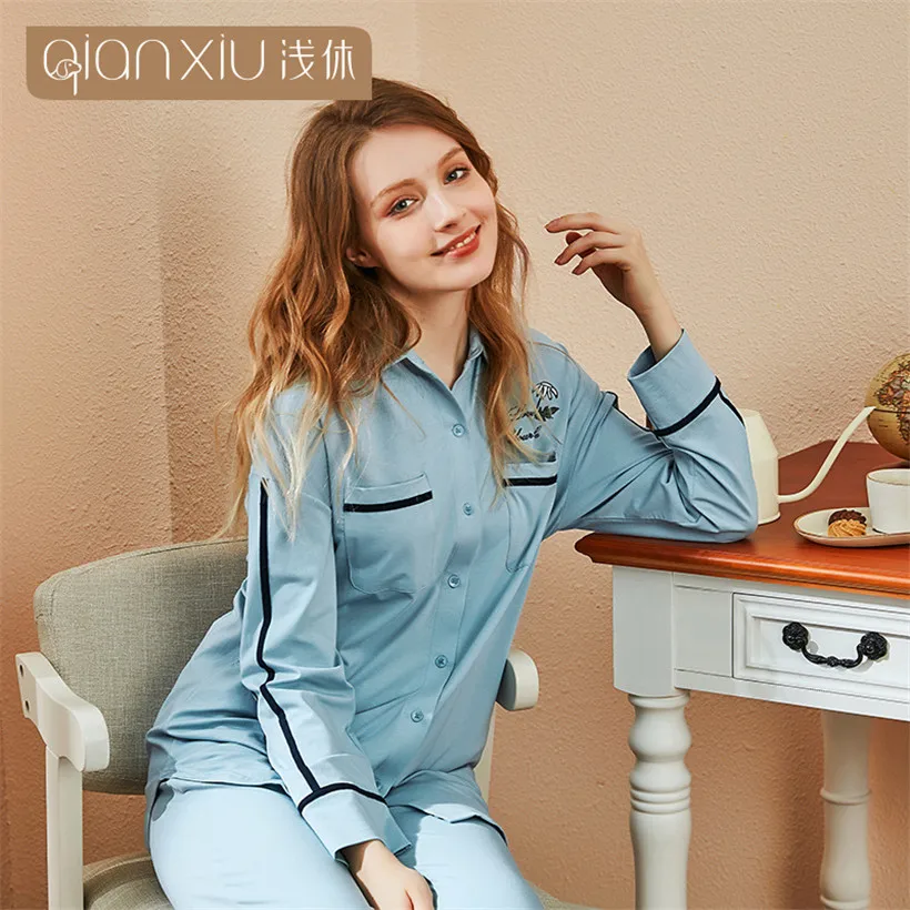 2019 women 2 Pieces cotton Pajamas Sets Woman sweet printing Sleepwear long sleeve Cardigan female Nightwear pyjamas women 2019 women 2 Pieces cotton Pajamas Sets Woman sweet printing Sleepwear long sleeve Cardigan female Nightwear pyjamas women