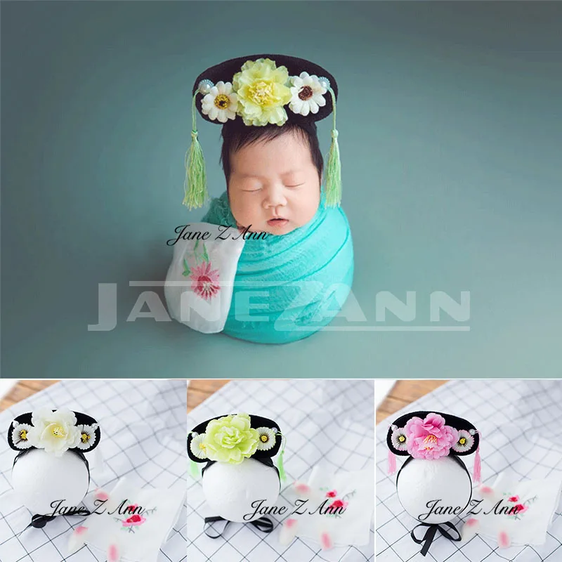 

Jane Z Ann Newborn photo prop baby girl Chinese ancient princess flower headwear+handkerchief studio photo shooting accessories