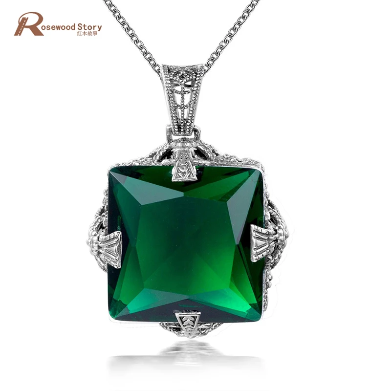 

Wholesale Vintage Geometric Long Pendant Necklace Created Emerald Crystal Stone 925 Silver Pendants Women Retro Accessories