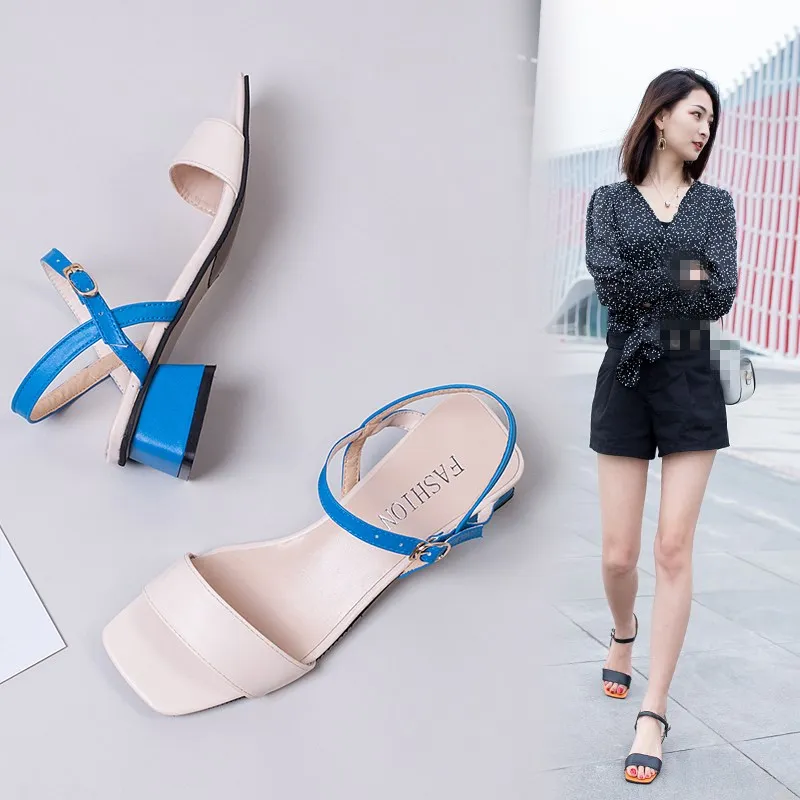 

SLHJC Summer Sandals Low Heel Shoes Open Toe Square Heel Leather Heels Sandals Women Fashion Summer Elegance Pumps Shoes