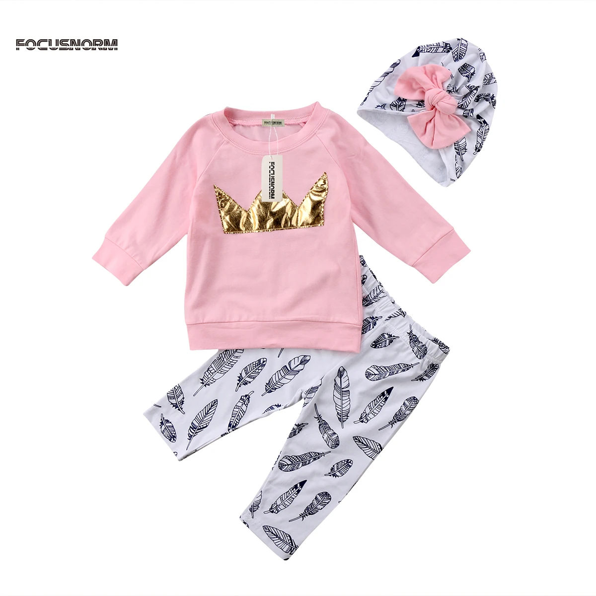 

Casual Newborn Toddler Baby Girls Crown Long Sleeves Tops T-shirt+Printed Long Pants+Bow Hat Clothes Outfits