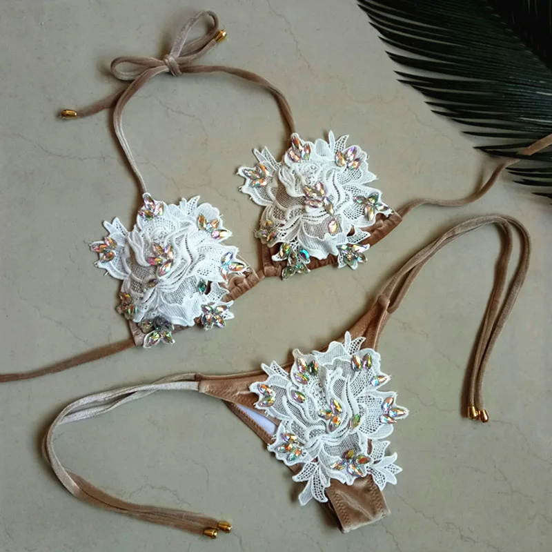 

Luoanyfash Swimwear Women Push Up Swimsuit Diamond Bikini 2018 flower lace Rhinestone Swimsuit Women Bikini Set Maillot De Bain