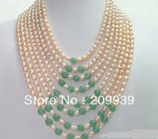 

FREE SHIPPING>>> S2737 "8 Rows Real Pink Pearl Green Jade 18KWGP Clasp Necklace