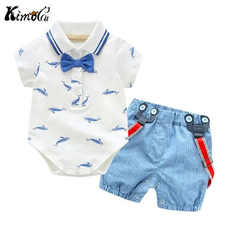 

Kimocat Summer new gentleman bow-tie whale print crawler suit for baby boy handsome first year suspenders