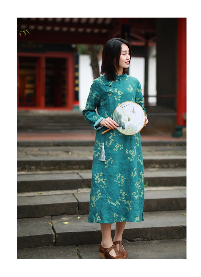 LZJN, китайское платье с длинным рукавом, весна, женское длинное платье-туника, винтажное, Cheongsam, этническое, Qipao, льняное платье, Femme 7685
