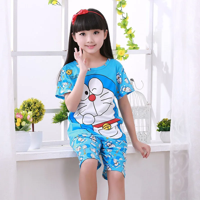 New Fashion Summer Cartoon Minnie Doraemon Children Clothing Set Pajamas Short-Sleeved+Shorts Baby Kids Girl Boy Clothes T-Shirt