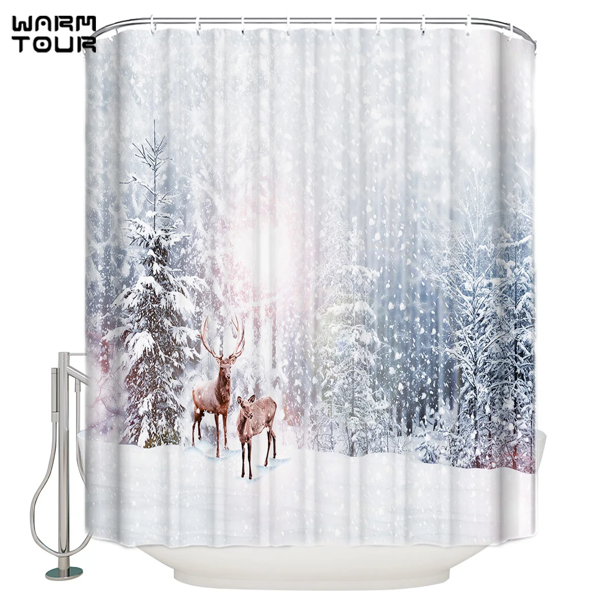 

WARMTOUR Shower Curtain Snow Winter Christams Love Happy Extra Long Fabric Bath Shower Curtains Mildew-resistant Bathroom Decor