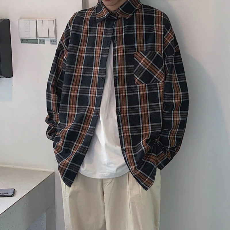 

Spring New Plaid Shirt Men Fashion Retro Cotton Casual Shirt Man Streetwear Wild Loose Long-sleeved Shirt Male Clothes S-XL