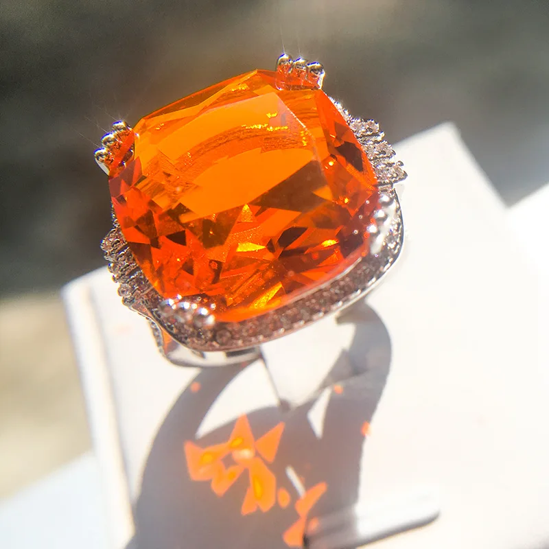 

Luxurious NEW 4CT Big Champagne CZ Stone Silver Ring Large Single Orange Crystal Cut Luxury Ring Party Women 925 Silver Jewelry