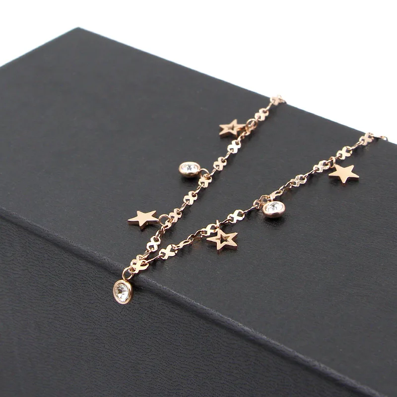 Горячие милые 8 форма цепи четыре звезды Три кристалла женские ножные браслеты Высокое качество Титановая сталь розового золотистого цвета женский как ножной браслет подарок