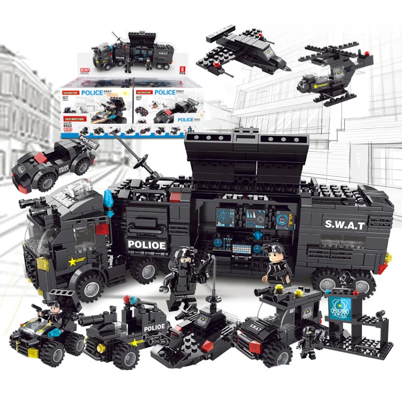 

8 In 1 City Police Series Swat Building Blocks Kids Assembling Weapons Aircraft Car Robot Toy Compatible With Legoings