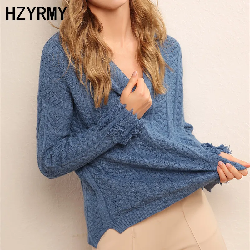 HZYRMY Autumn New High Quality Women's Wool Knit Pullover Large size V-neck Winter Solid Warm Wild Shirt Short Female Sweater | Женская
