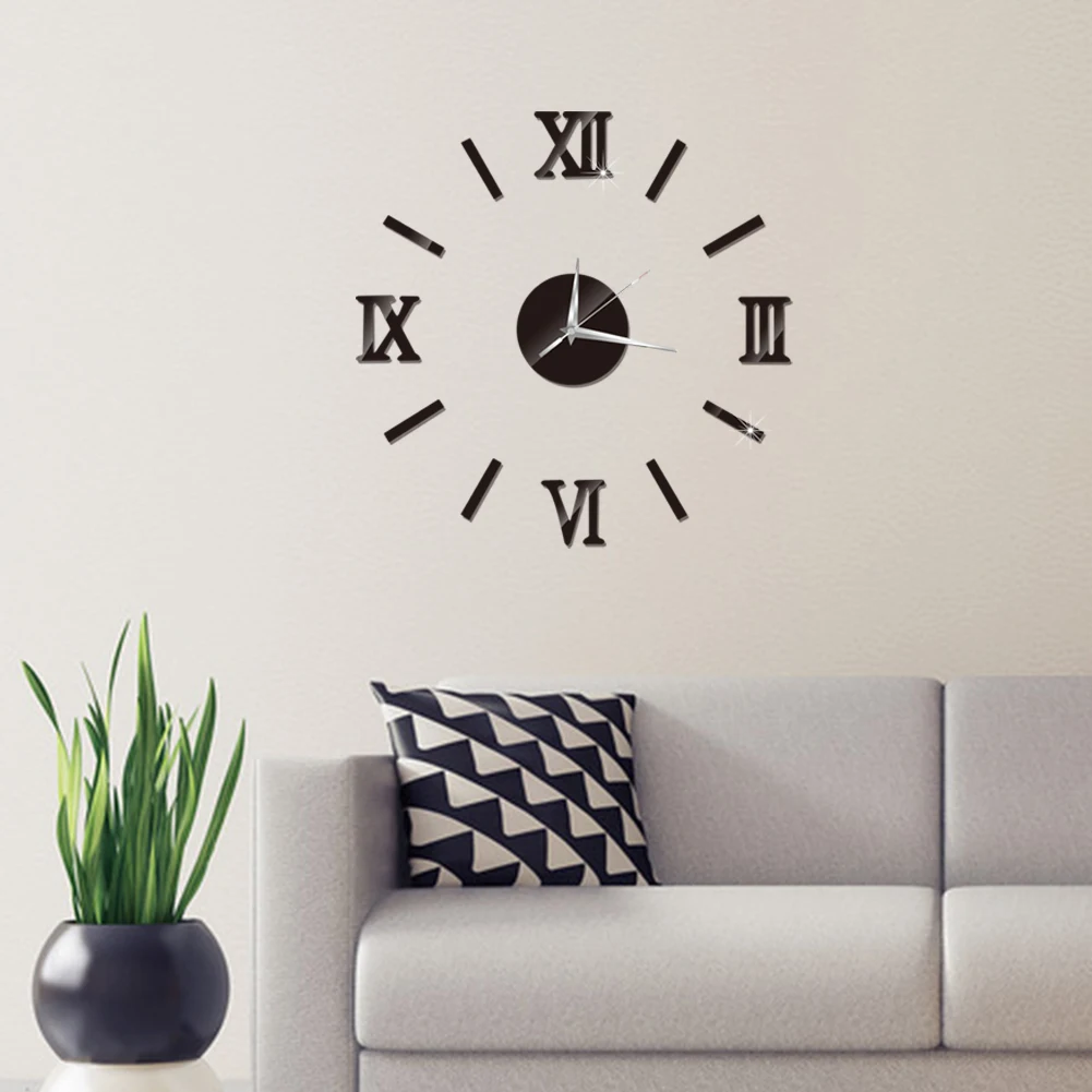 Modern Large Wall Clock 3D Mirror Sticker Unique Big Number Watch Large Wall Clock Big Watch Decal 3D Sticker Roman Numerals DIY