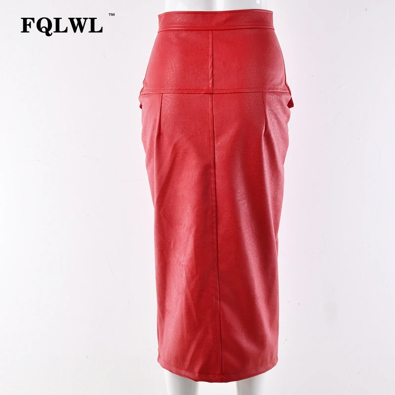 FQLWL, женские юбки из искусственной кожи,, на молнии, с разрезом, с карманами, красные, обтягивающие, с запахом, миди, юбка-карандаш, осенняя, для девушек, бодикон, сексуальная юбка