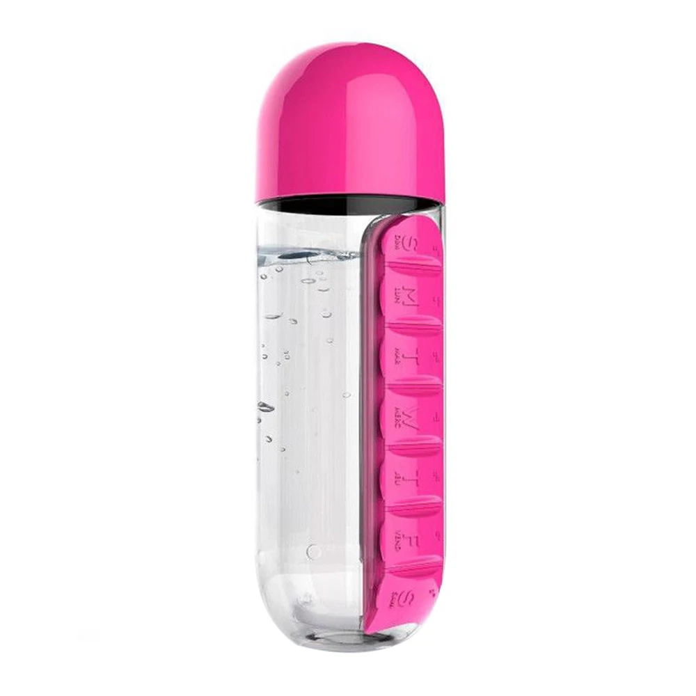 Портативная бутылка для воды 2 в 1, коробка для таблеток для путешествий на открытом воздухе, медицинская Мензурка, пластиковые бутылки 5 цветов, 600 мл - Цвет: pink