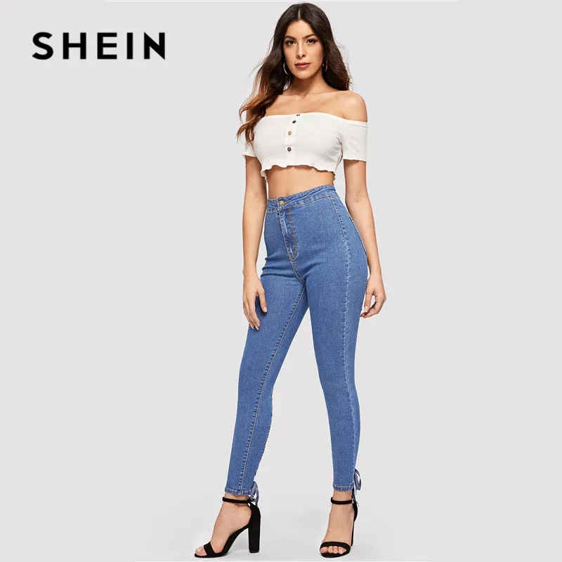 SHEIN, синие, на молнии, на шнуровке, перекрещивающиеся узелки, обтягивающие джинсы, женские, весна-лето, джинсы с высокой талией, эластичные джинсовые женские брюки