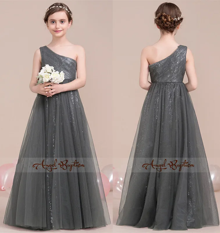 

Sparkly bling sequined gray flower girl dress A-Line/Princess One-Shoulder Floor-Length Tulle for Junior Bridesmaid With Ruffle