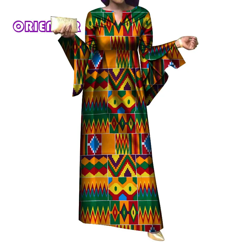 Африканские платья для женщин повседневные африканские принты Bazin Riche элегантные женские платья с расклешенными рукавами с высокой талией размера плюс длинное платье WY4054