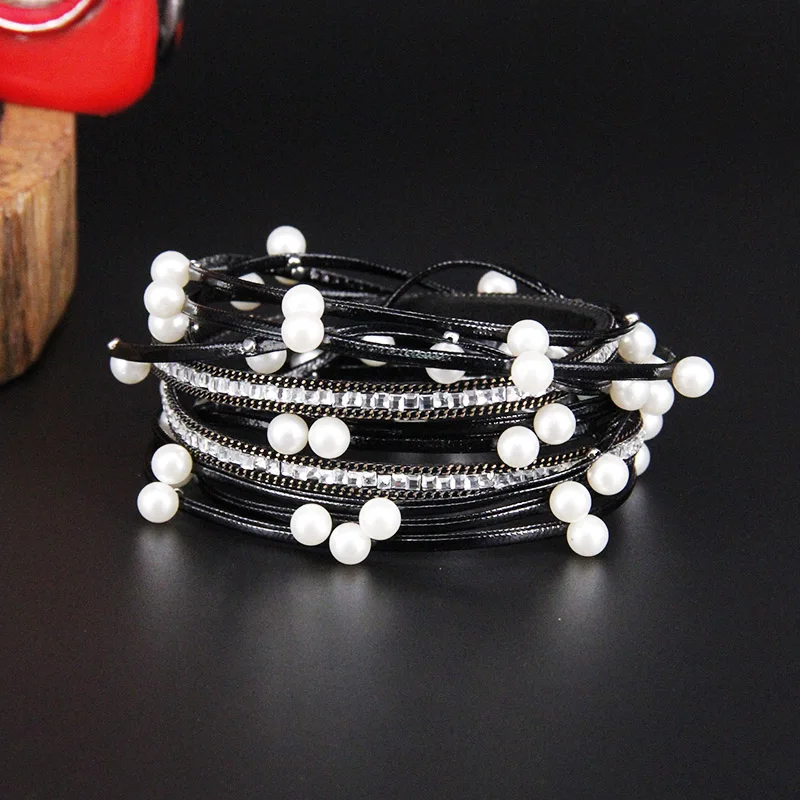 ZG Multilayer Leather Bracelets for Women Femme Crystal Metal Beads Charm Bohemian Style Bracelet Female Jewelry