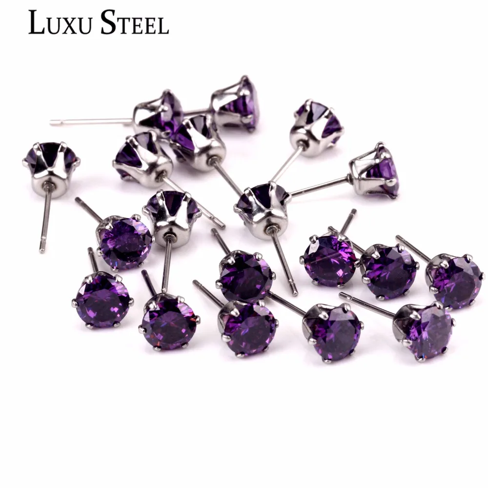Роскошные серьги-гвоздики из стали с кубическим цирконием для женщин/девушек, серьги из нержавеющей стали, размеры от 3 мм до 10 мм, фиолетовые, 10 пар/лот