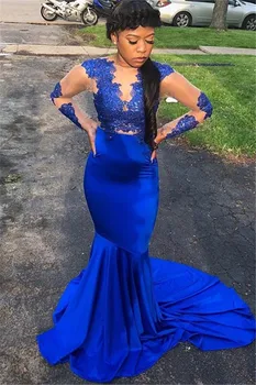 

Vintage Royal Blue Evening Gowns Mermaid Long Sleeves Black Girls Prom Dresses With Appliques 2019 Summer Evening Dress At Night