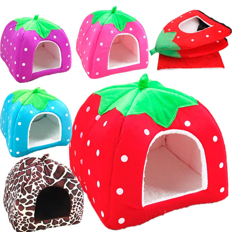 

2018 Durable Comfortable Foldable Cat Dog Bed With Warm Cushion Kawaii Unique Leopard Strawberry Pattern Sponge Pet House Nest