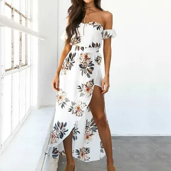 

Summer Women Bobo Slash Neck Beach Casual Floral Print Off the Shoulder Strapless Femme Vestidos Maxi White Party Clothes