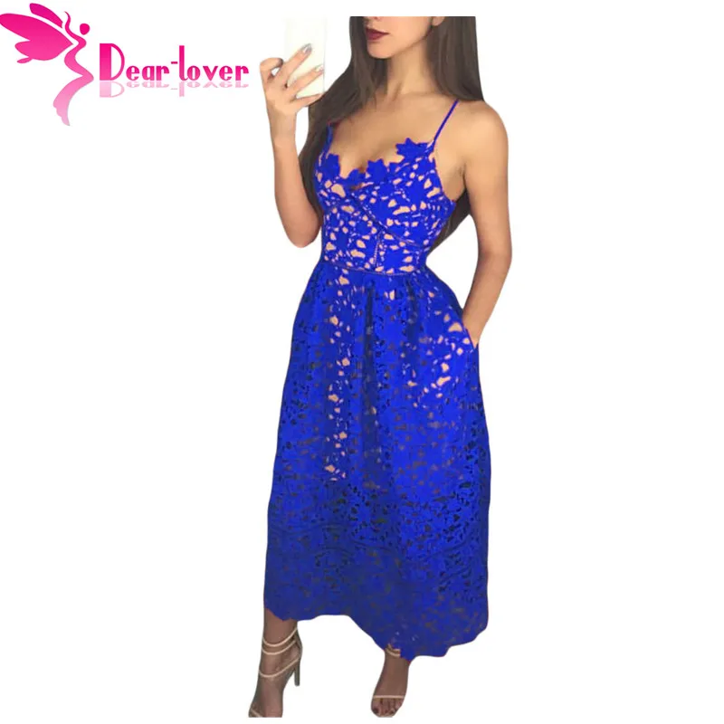 Dear Lover Party Dresses Womens Elegant Sexy spaghetti strap Lace Hollow Out Nude Illusion Mid-Calf Dress Vestido de Renda 61636