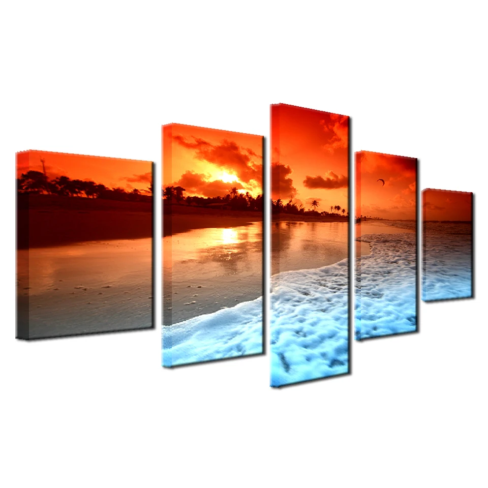 

Canvas Painting Living Room Wall Art Framework 5 Piece Sunset Glow Beach Sea Waves Poster HD Prints Seascape Pictures Home Decor