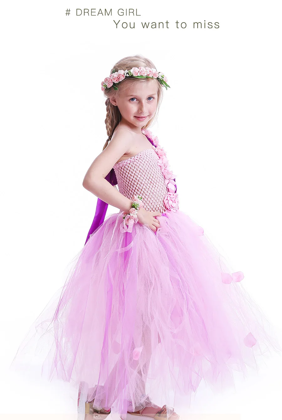 Pink and Purple Flower Girl Tutu Dress Kids Pink Petals Birthday Wedding Party Dress Boutique Handwork Girls Ball Gowns (5)