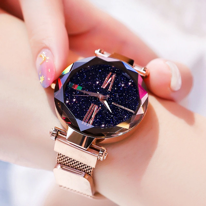 Luxury Rose Gold Women font b Watch b font Magnet Starry sky Wrist font b Watch