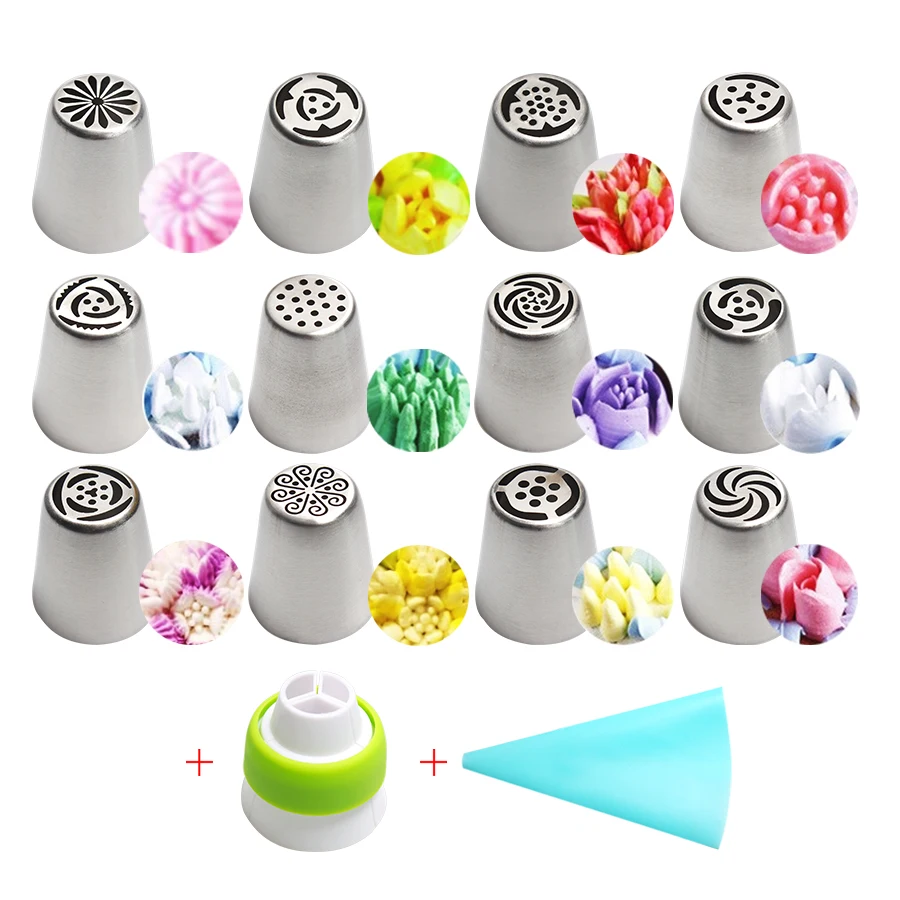 

14pc/Set Stainless Steel Russian Tulip Icing Piping Nozzles Flower Cream Pastry Tips Nozzles Silicone Bag Kitchen Accessories