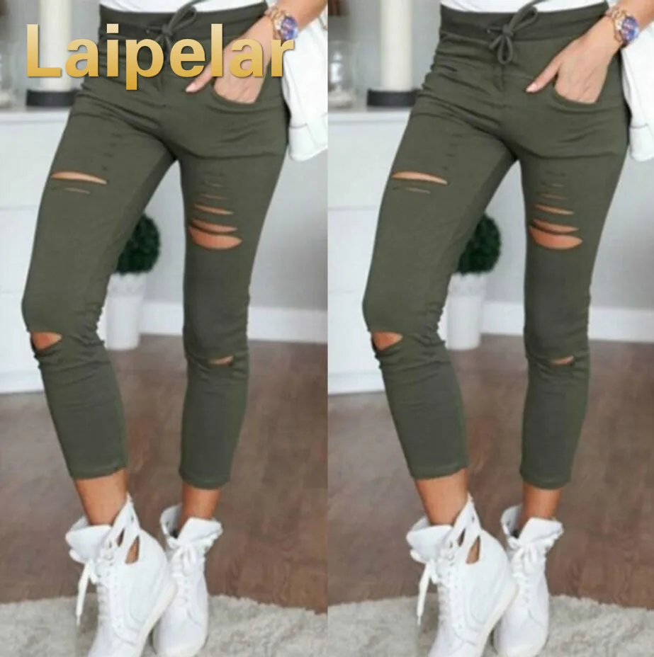 New 2018 Skinny Jeans Women Denim Pants Holes Destroyed Knee Pencil Pants Casual Trousers Black White Stretch Ripped Jeans