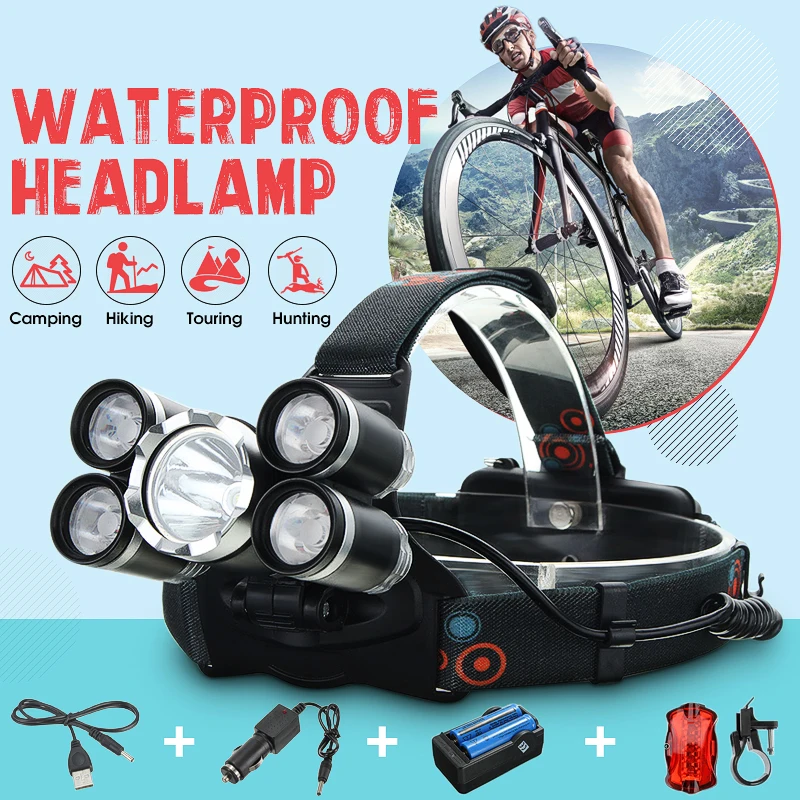 

50000LM LED Headlamp 5*T6 Headlight Head Flashlight Torch Forehead USB Rechargeable Head Lamp Fishing Headlight 4 Modes Lighting