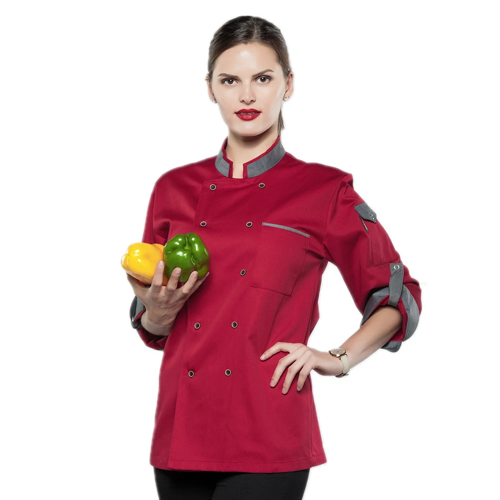 

New Gray collar Long Sleeve Double breasted Chef Jacket Restaurant Hotel Men/Women Work Clothes Food Services Cooking Coat