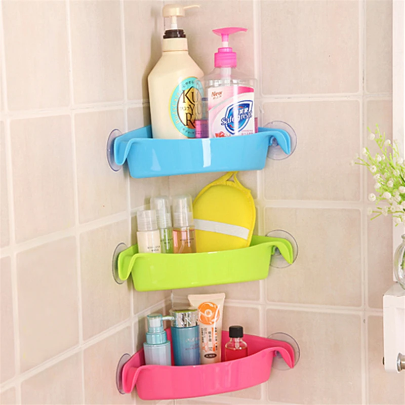 

4 Colors Bathroom Corner Storage Rack Organizer Shower Wall Shelf with Suction Cup Home Corner Kitchen Bathroom Shelve